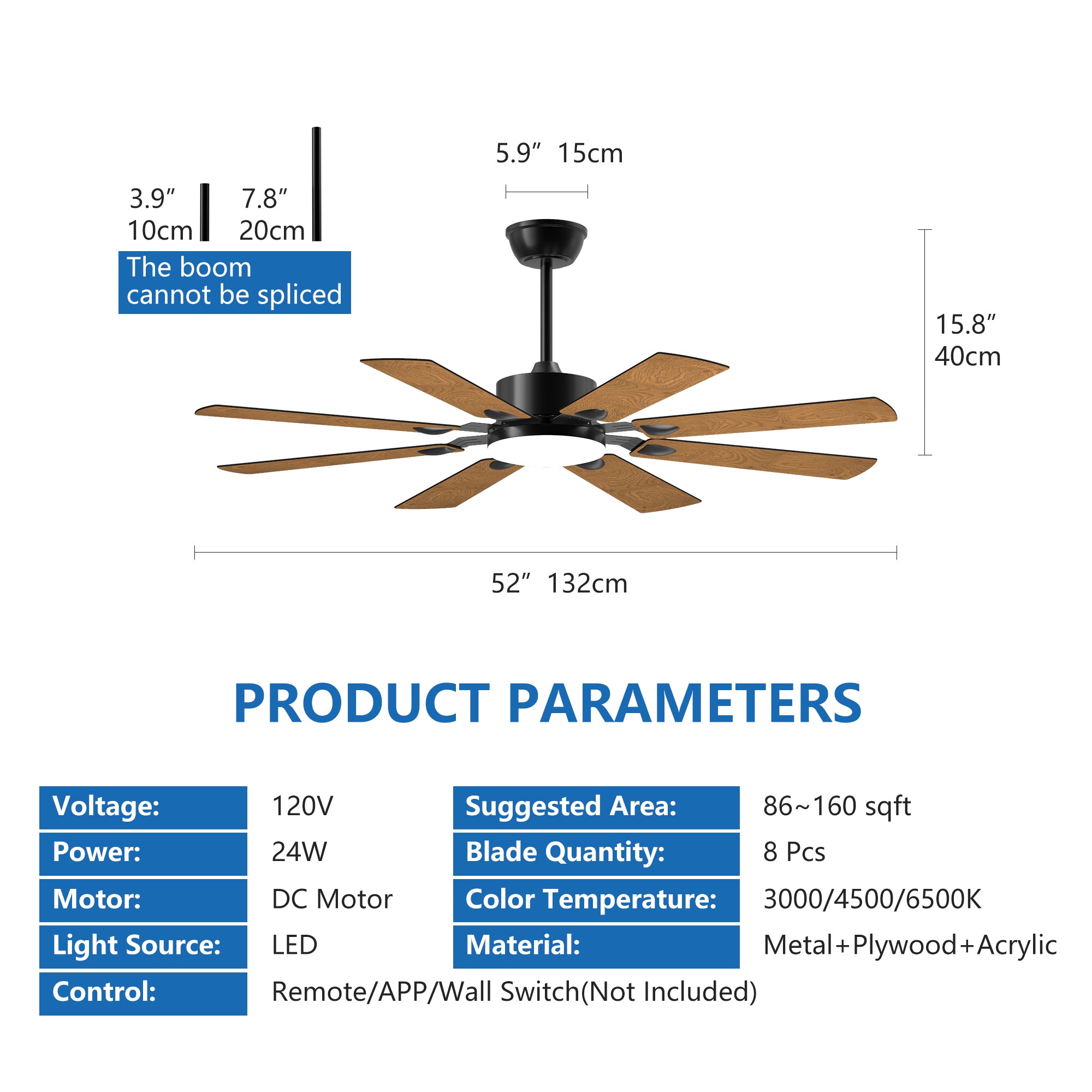52 in. Ceiling Fan with Lights and Remote Control, 8 Plywood Blades, 6-Speed