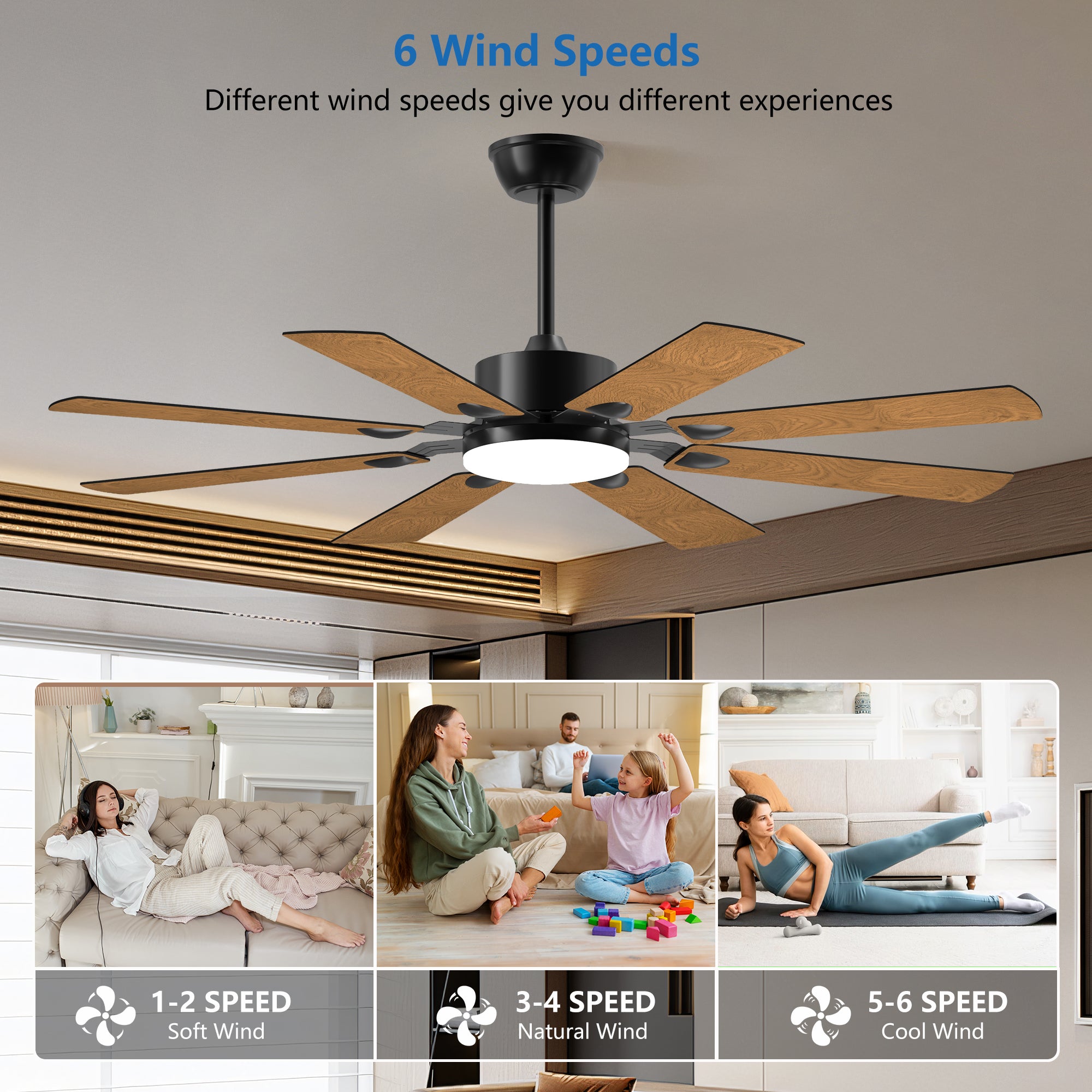 52 in. Ceiling Fan with Lights and Remote Control, 8 Plywood Blades, 6-Speed