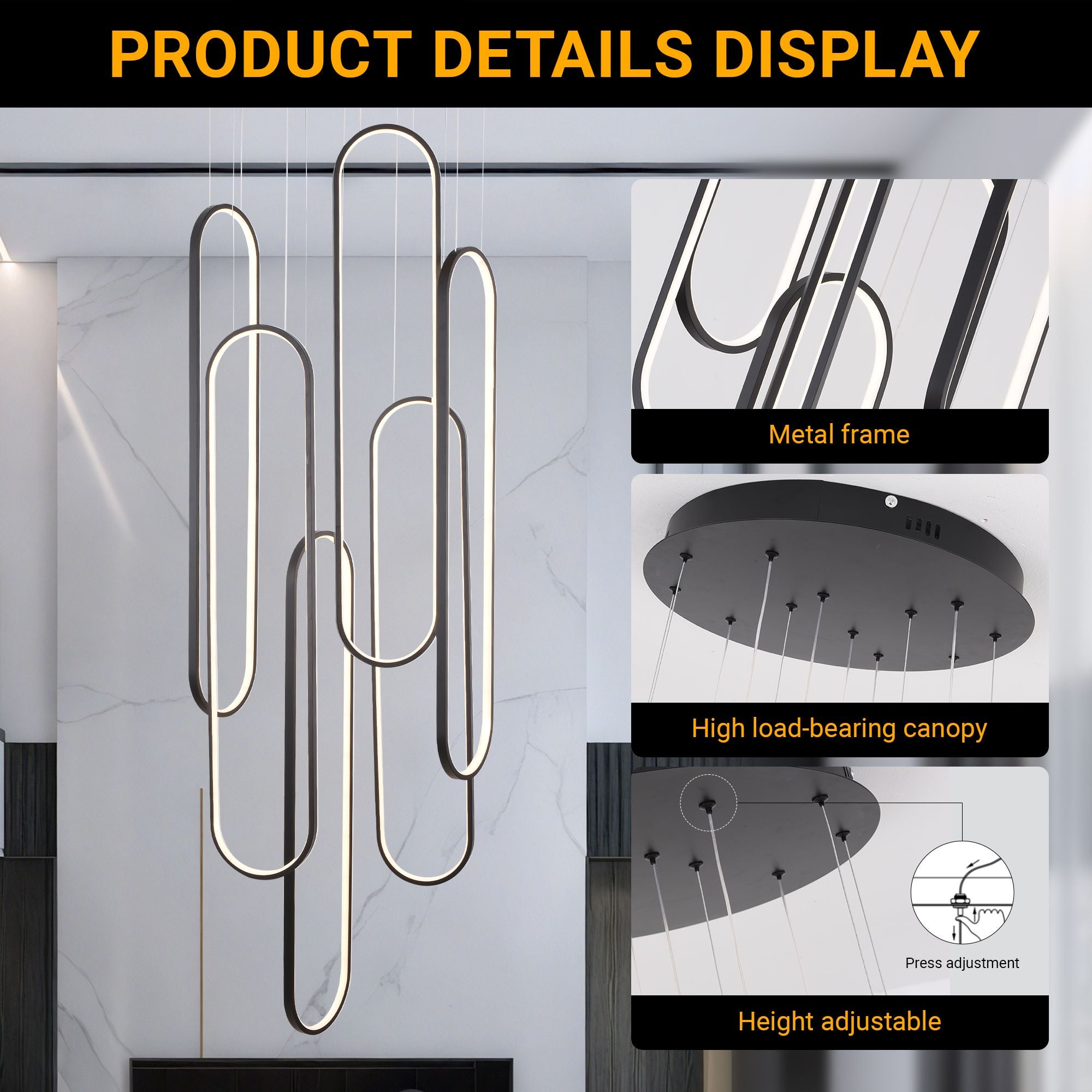 High Ceiling Chandelier Modern LED Ring Pendant Light 3 Color Dimmable Black Chandeliers