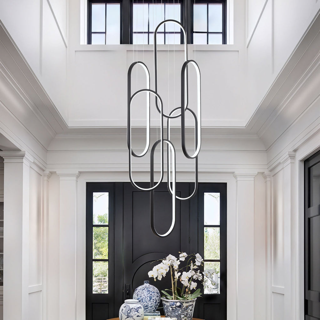 High Ceiling Chandelier Modern LED Ring Pendant Light 3 Color Dimmable Black Chandeliers