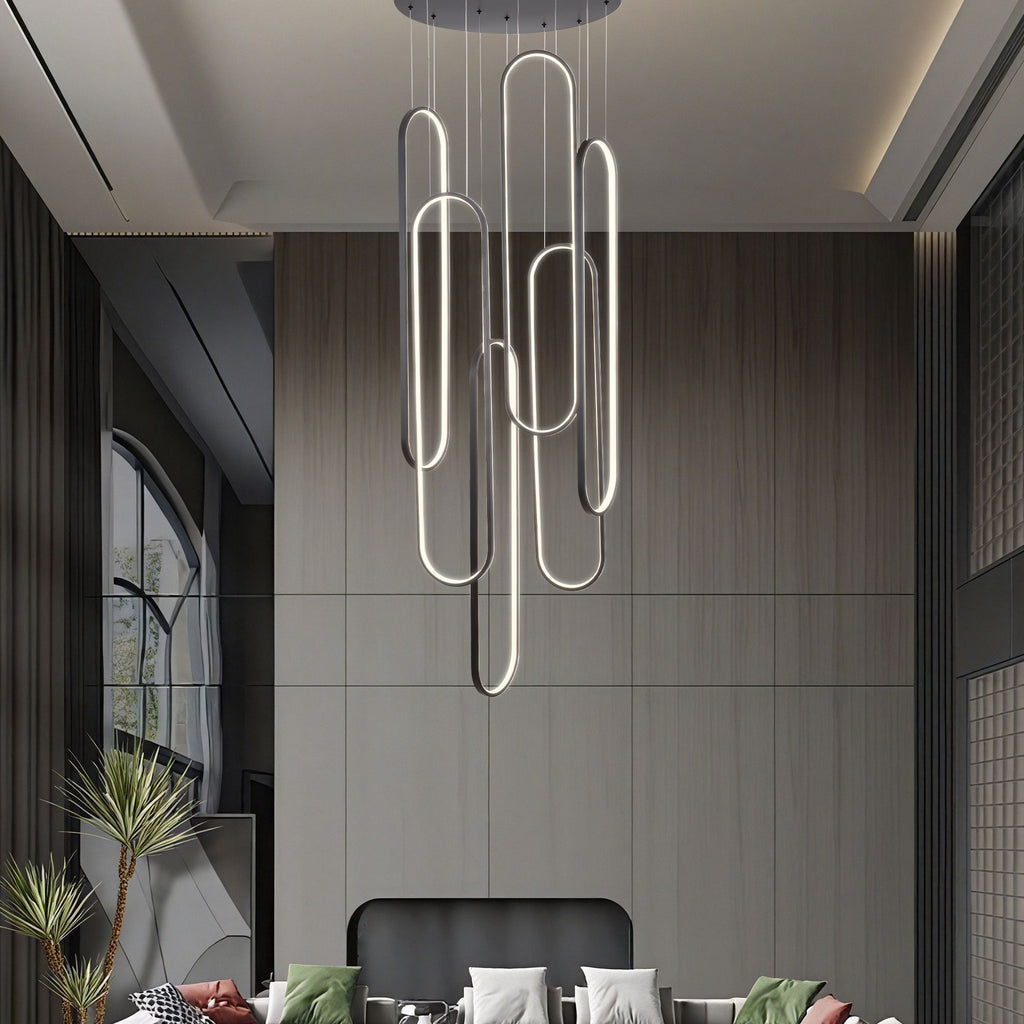 High Ceiling Chandelier Modern LED Ring Pendant Light 3 Color Dimmable Black Chandeliers
