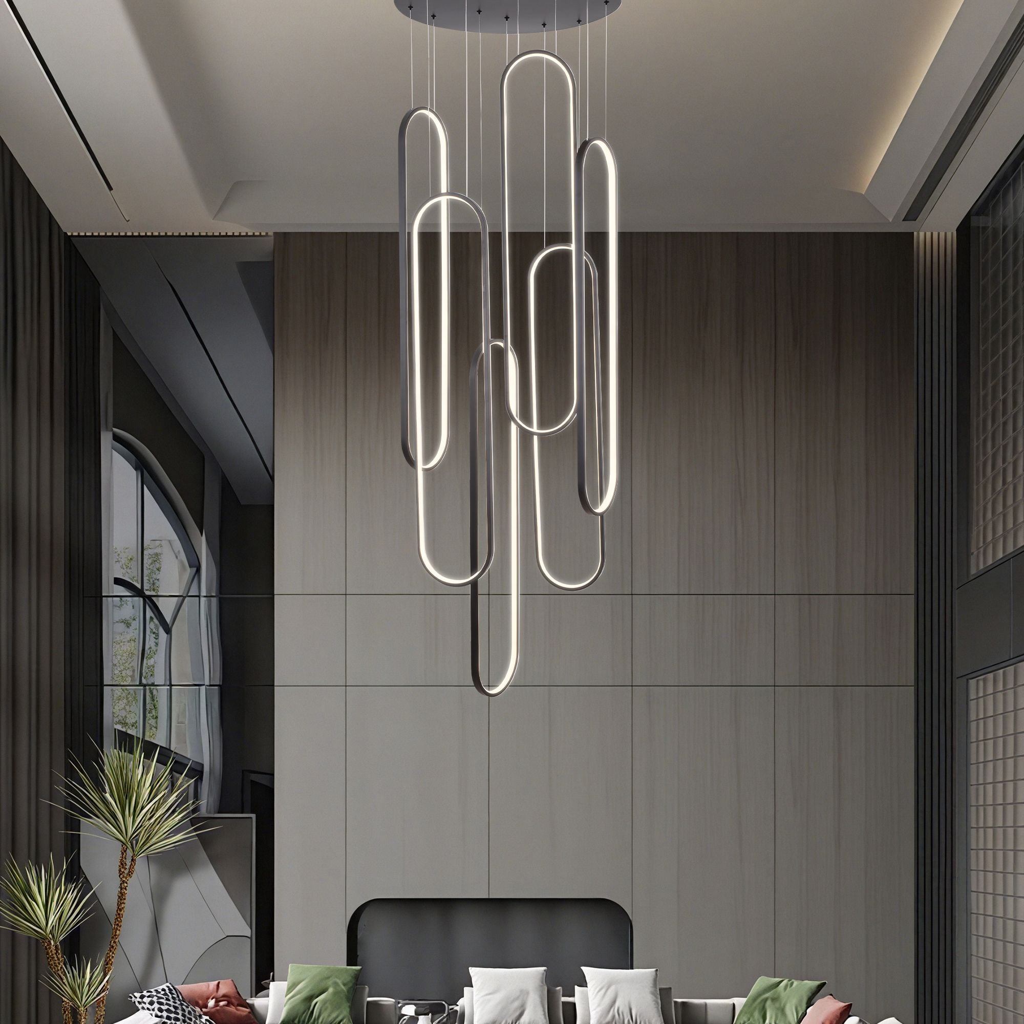 High Ceiling Chandelier Modern LED Ring Pendant Light 3 Color Dimmable Black Chandeliers