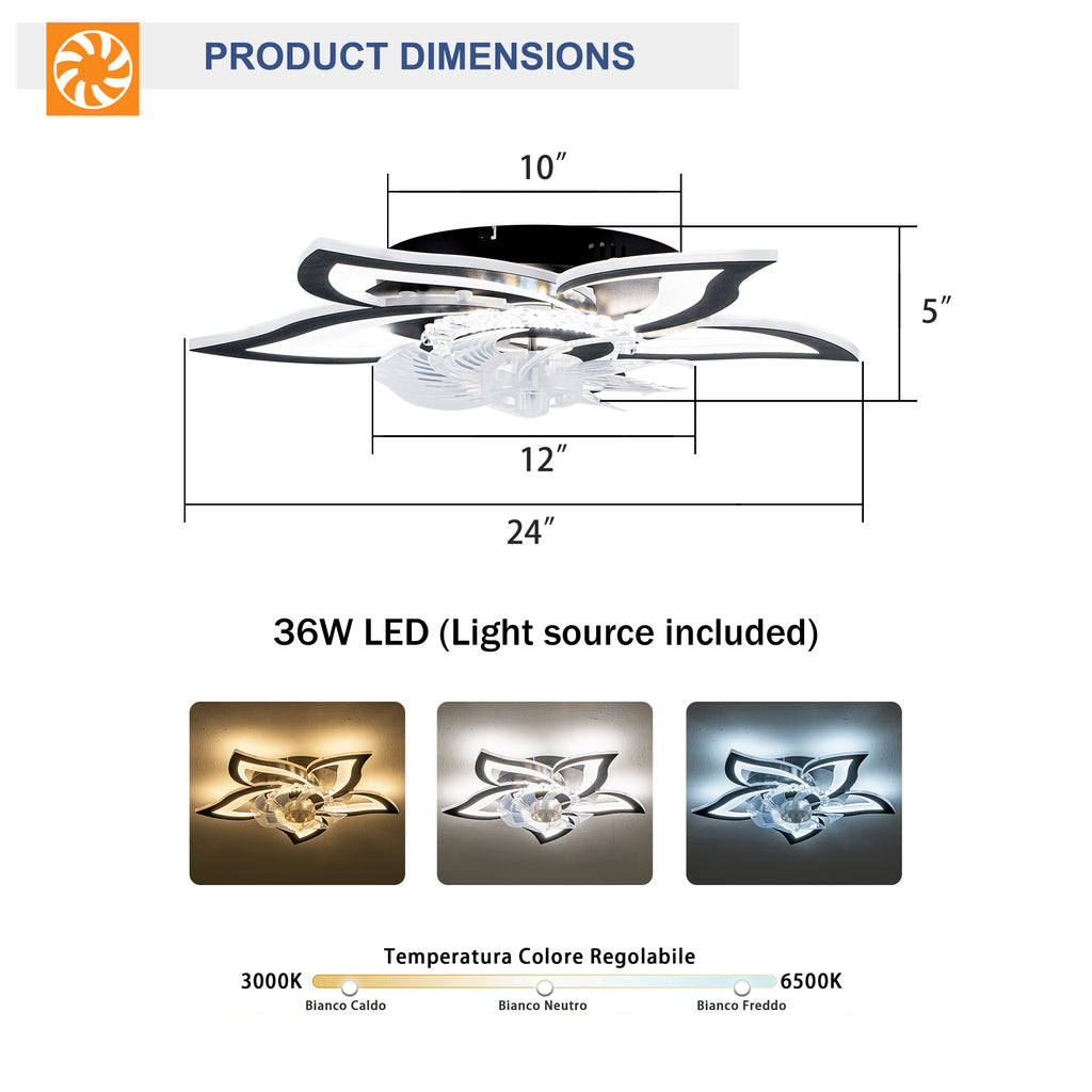 5 PCS Blades Ceiling Fan with Lights Remote Control, 24" Black, 6 Speeds 3 Light Color