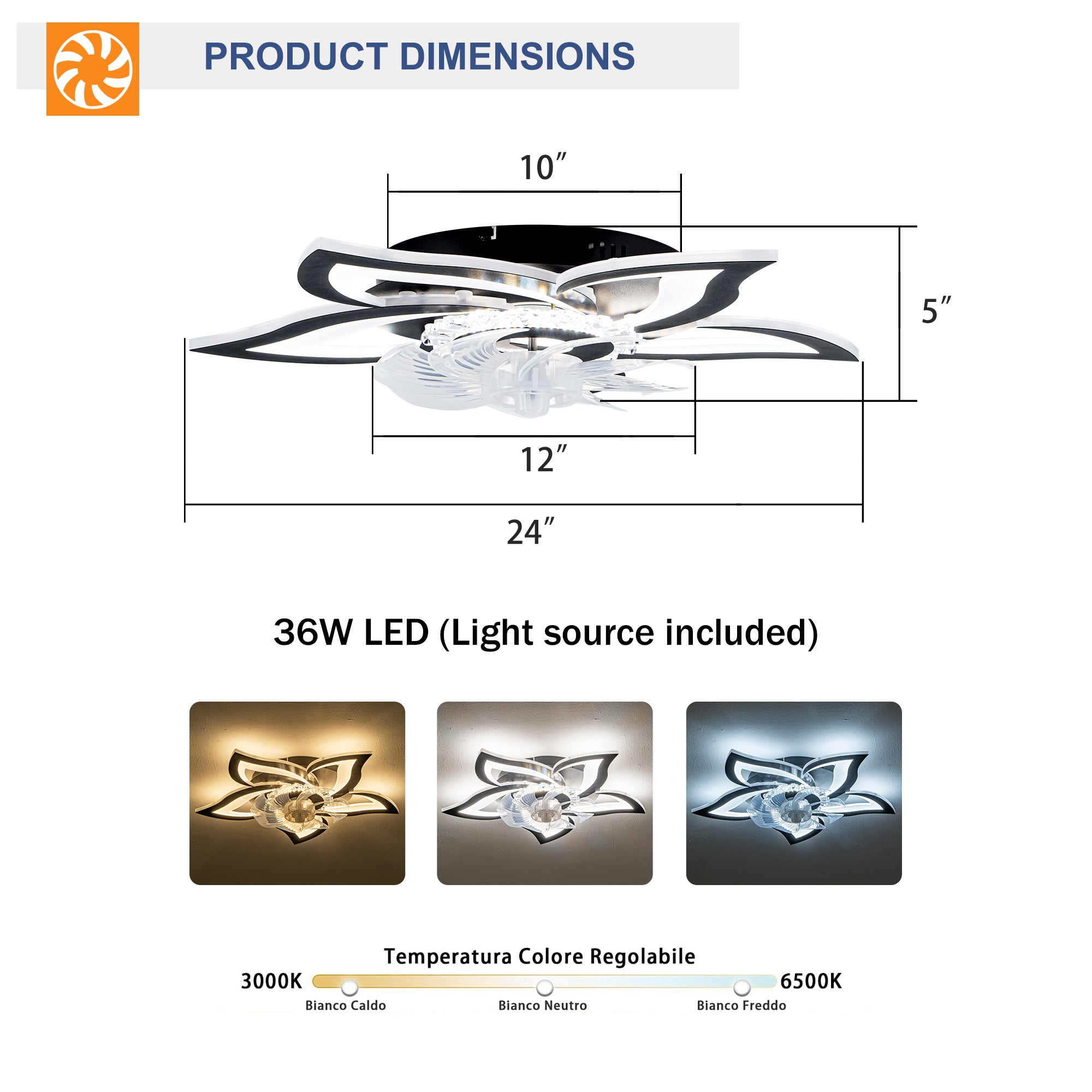 5 PCS Blades Ceiling Fan with Lights Remote Control, 24" Black, 6 Speeds 3 Light Color