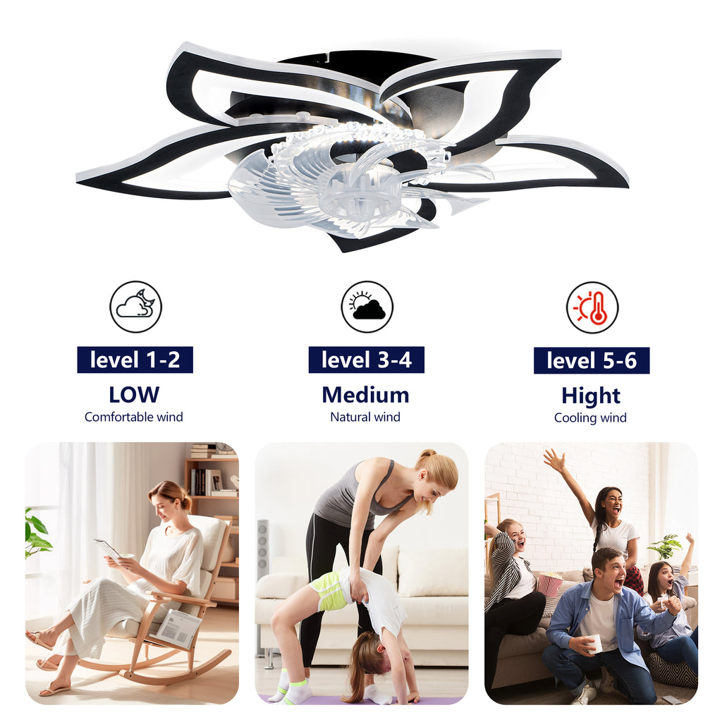 5 PCS Blades Ceiling Fan with Lights Remote Control, 24" Black, 6 Speeds 3 Light Color