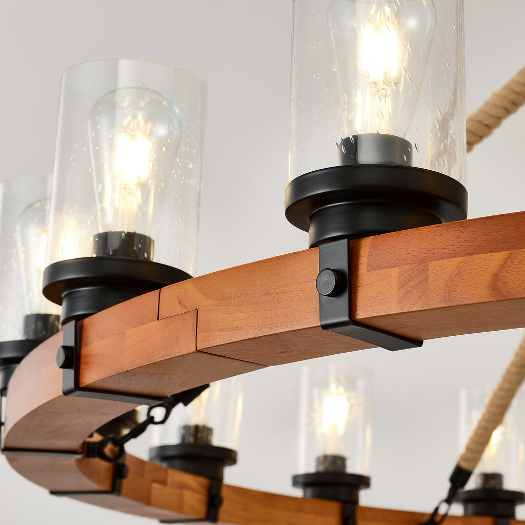 18-Light Rustic Wagon Wheel Chandelier,59"Wooden Pendant Light with Seeded Glass Shade
