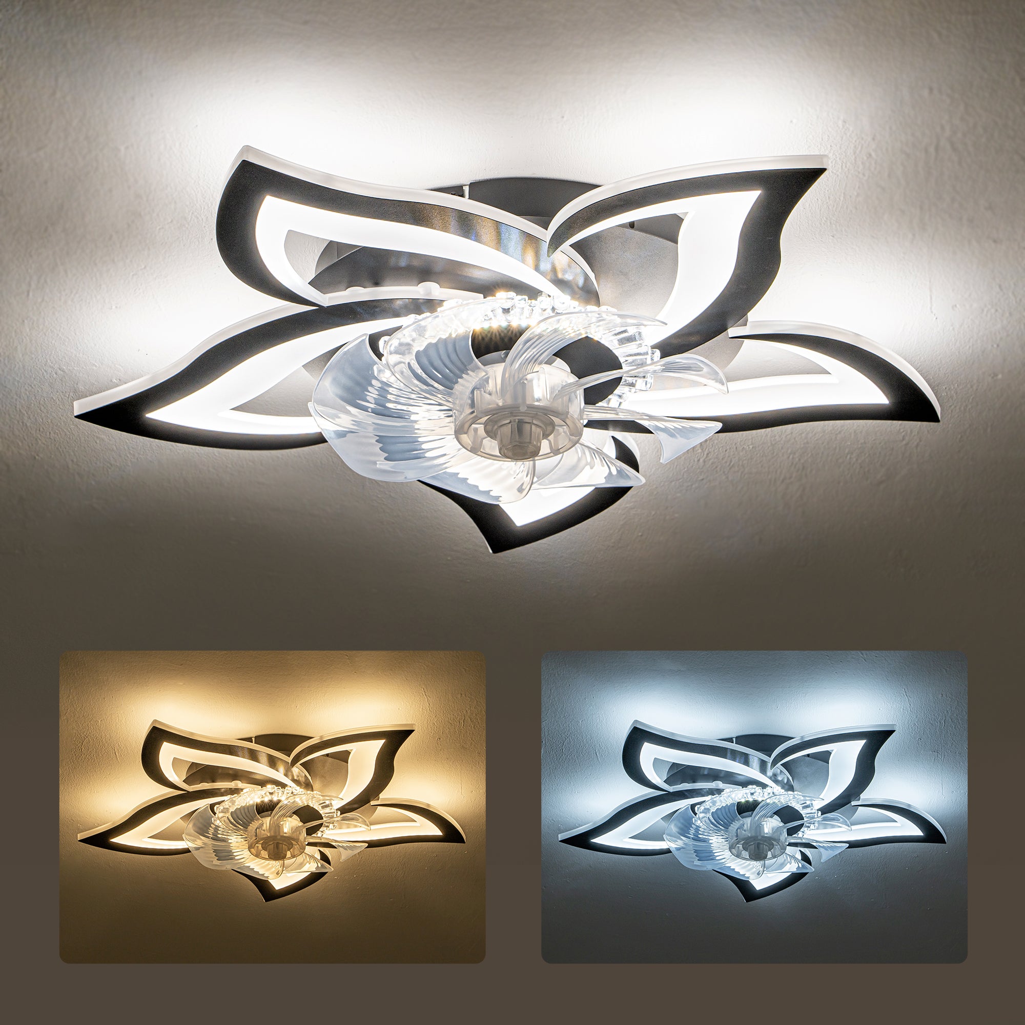5 PCS Blades Ceiling Fan with Lights Remote Control, 24" Black, 6 Speeds 3 Light Color