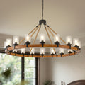 18-Light Rustic Wagon Wheel Chandelier,59"Wooden Pendant Light with Seeded Glass Shade