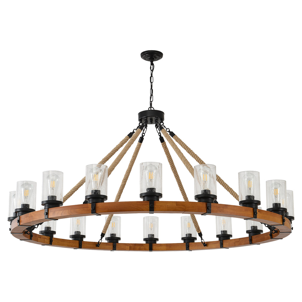 18-Light Rustic Wagon Wheel Chandelier,59"Wooden Pendant Light with Seeded Glass Shade