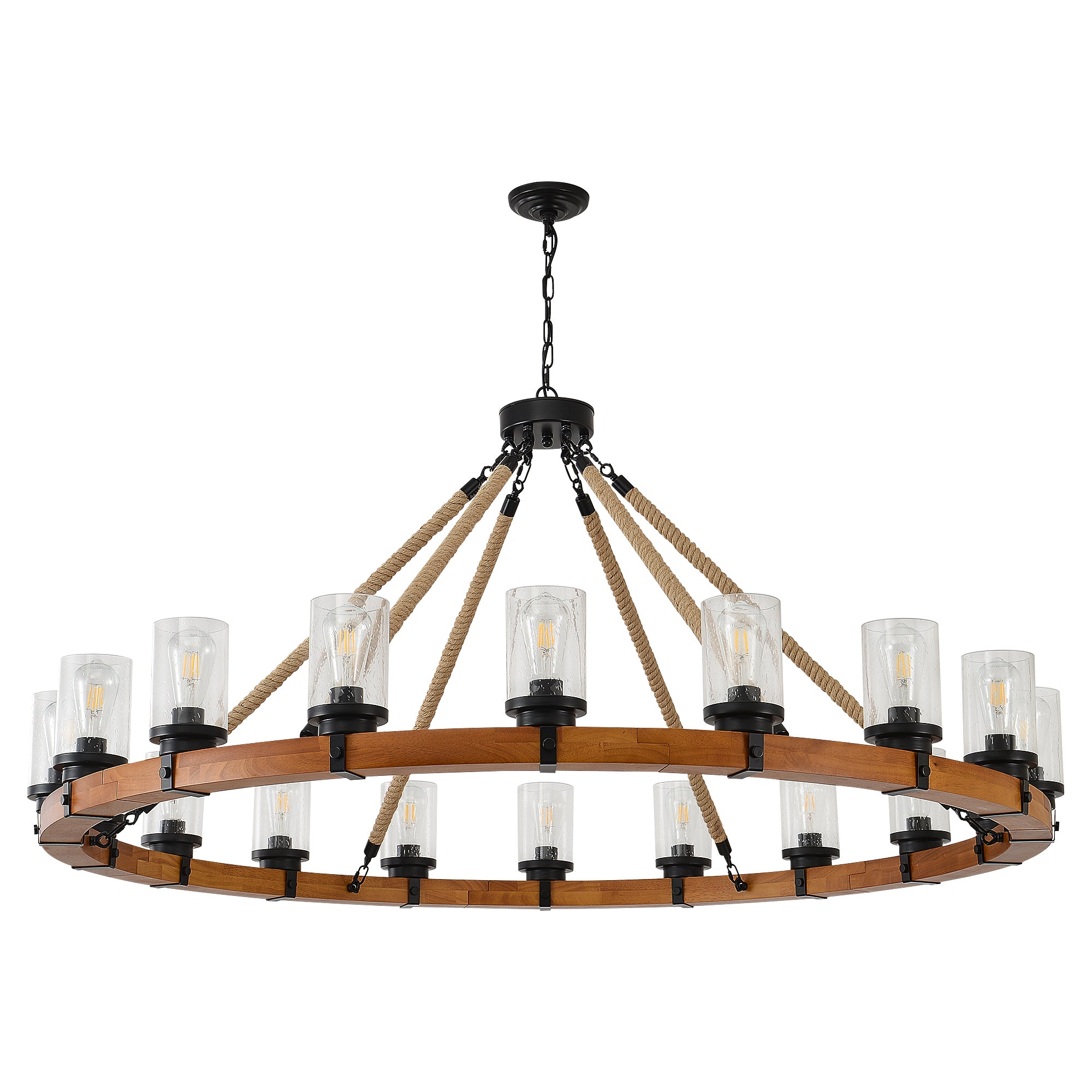 18-Light Rustic Wagon Wheel Chandelier,59"Wooden Pendant Light with Seeded Glass Shade