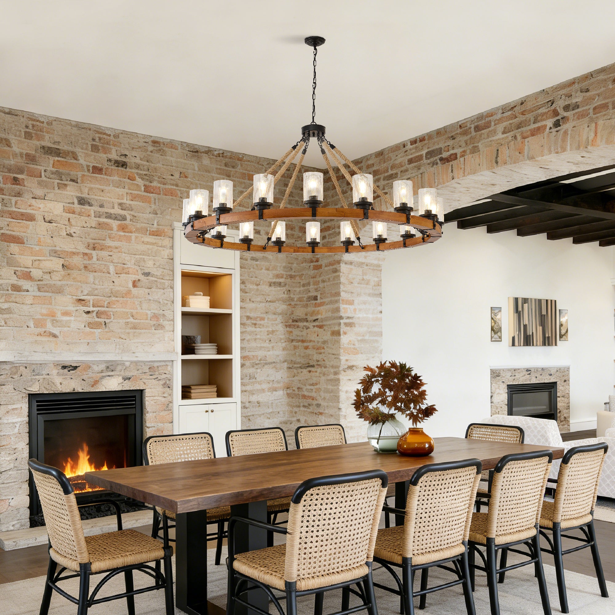 18-Light Rustic Wagon Wheel Chandelier,59"Wooden Pendant Light with Seeded Glass Shade