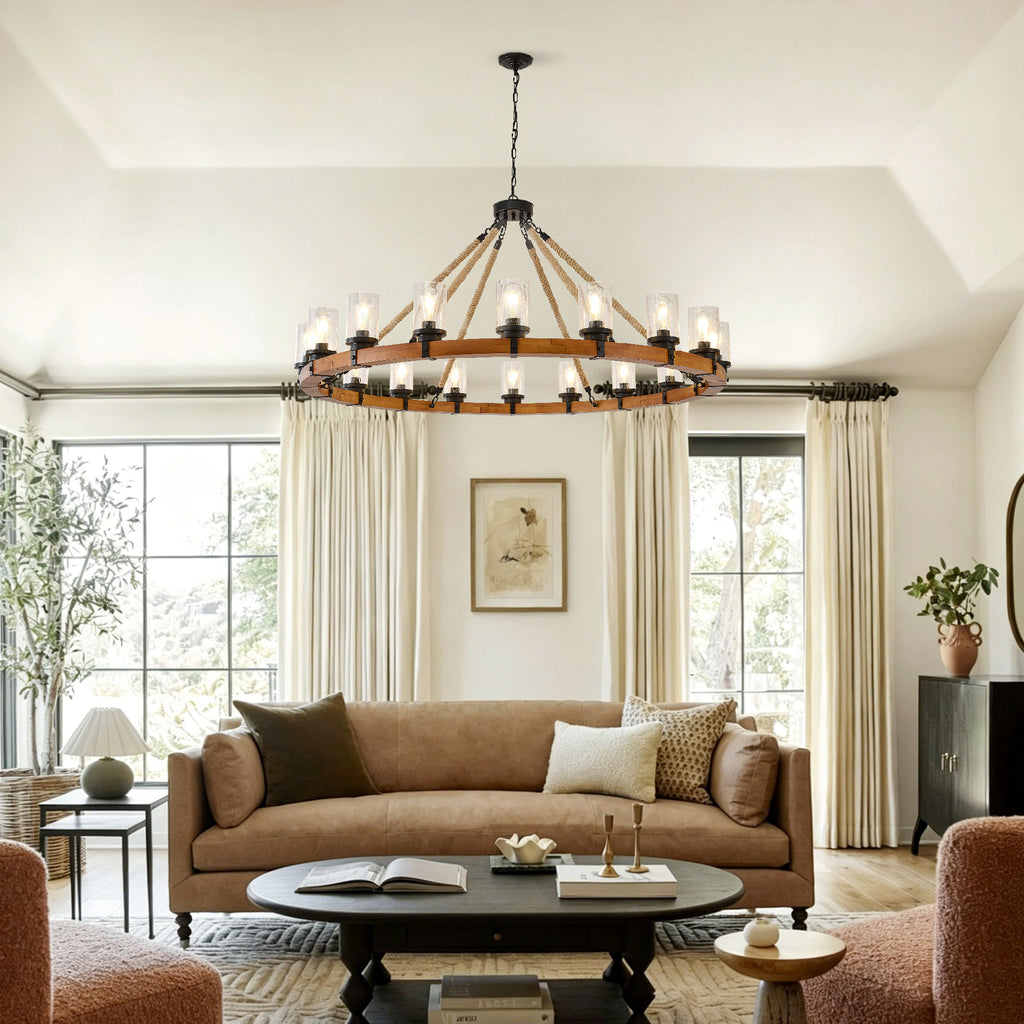 18-Light Rustic Wagon Wheel Chandelier,59"Wooden Pendant Light with Seeded Glass Shade