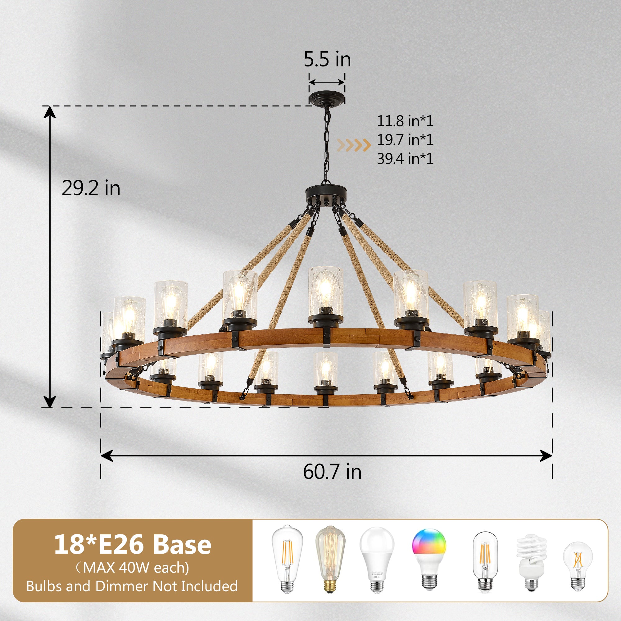 18-Light Rustic Wagon Wheel Chandelier,59"Wooden Pendant Light with Seeded Glass Shade