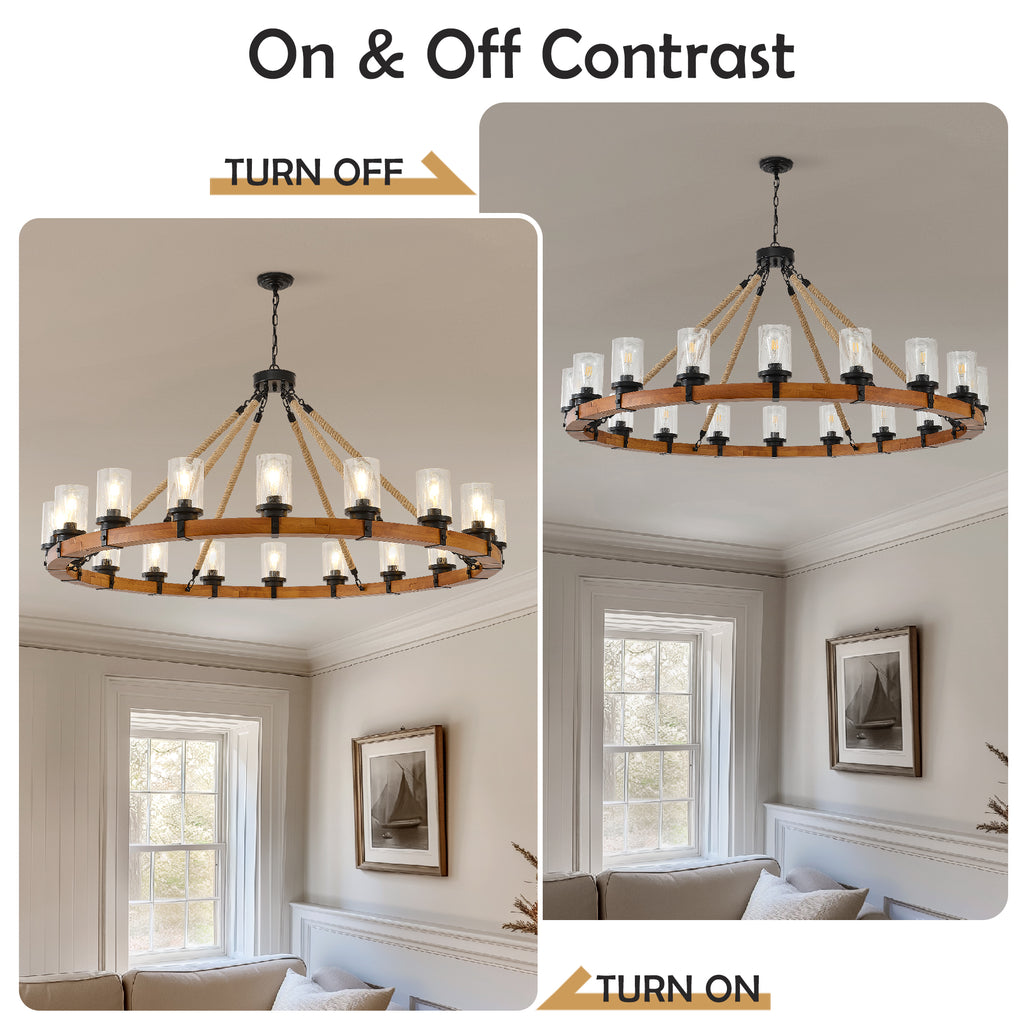 18-Light Rustic Wagon Wheel Chandelier,59"Wooden Pendant Light with Seeded Glass Shade