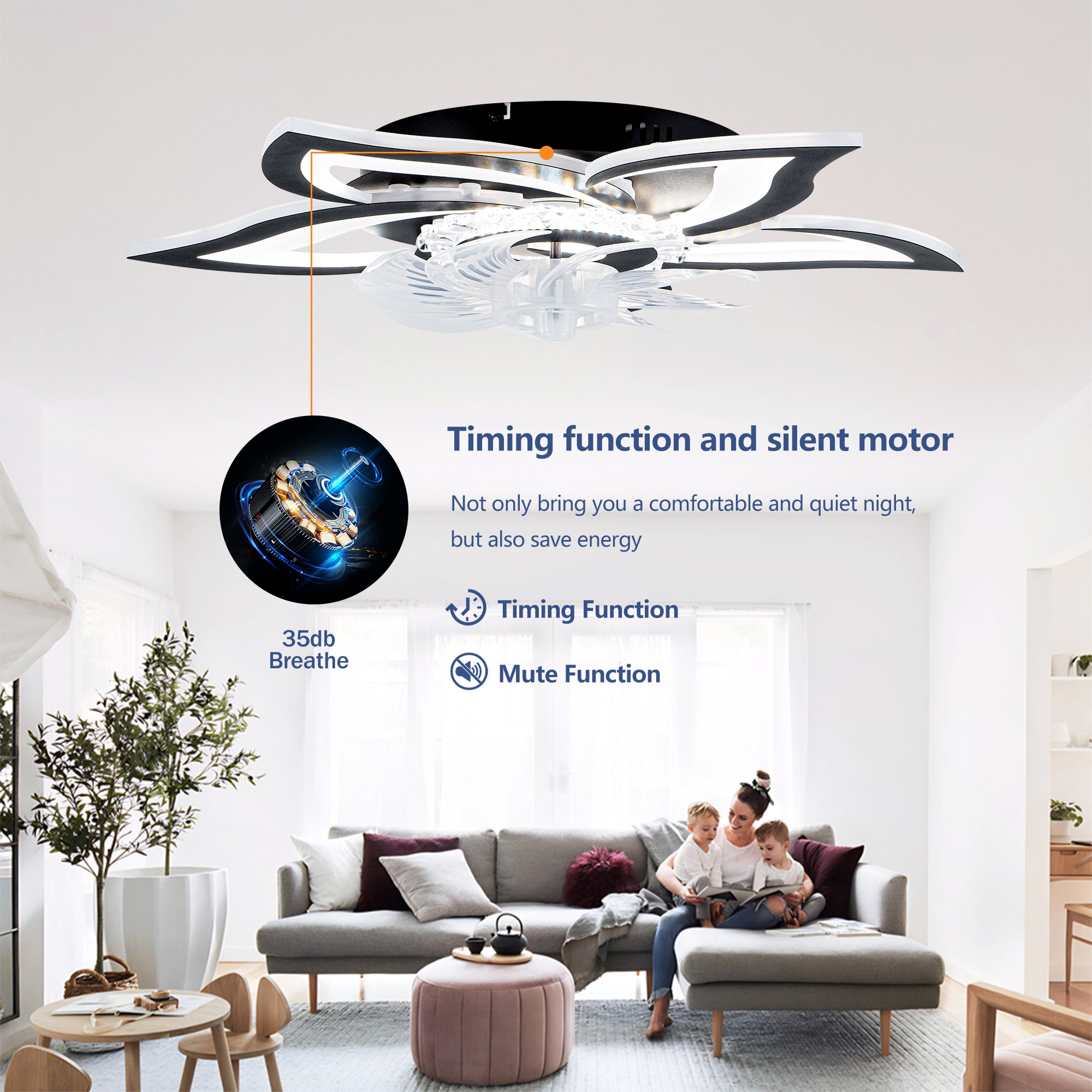 5 PCS Blades Ceiling Fan with Lights Remote Control, 24" Black, 6 Speeds 3 Light Color
