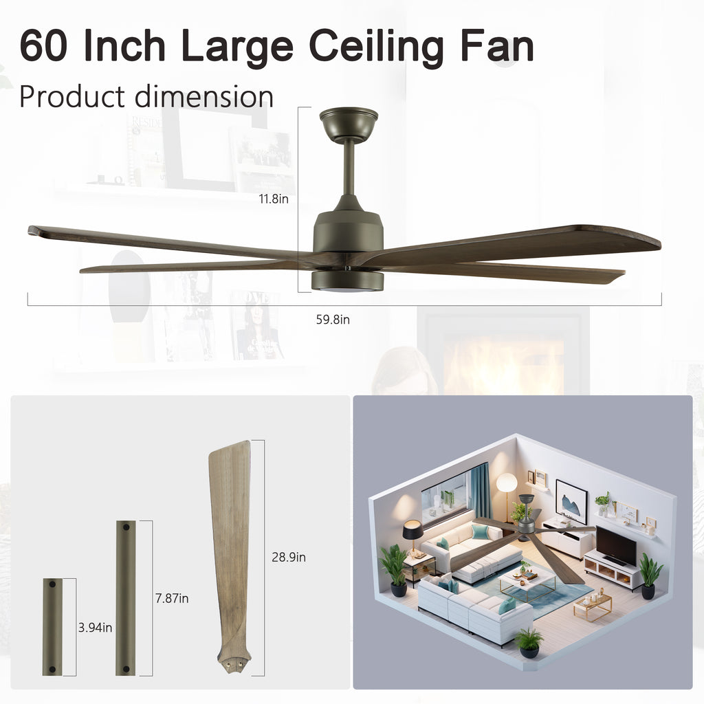 60" Modern Wood Ceiling Fan with Light and Remote Control
