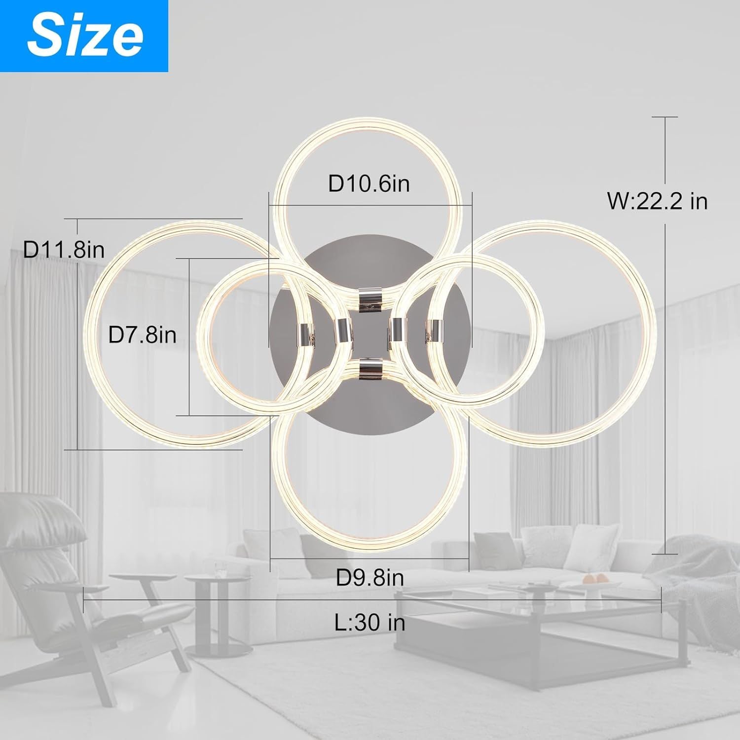 Flush Mount Ceiling Light with Dimmable Remote Control, 6Rings Acrylic Fixture for Bedroom, Living Room, Kitchen