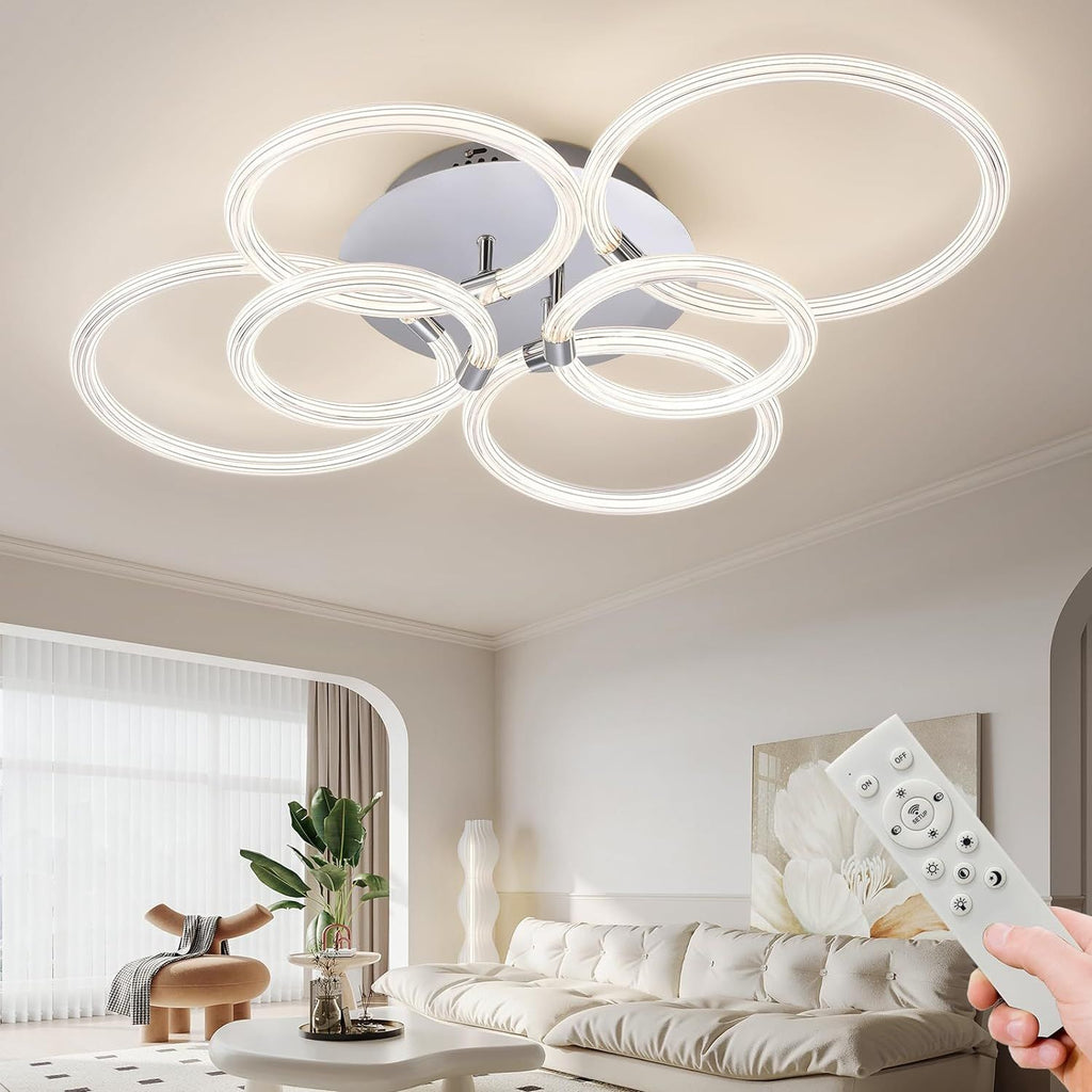 Flush Mount Ceiling Light with Dimmable Remote Control, 6Rings Acrylic Fixture for Bedroom, Living Room, Kitchen