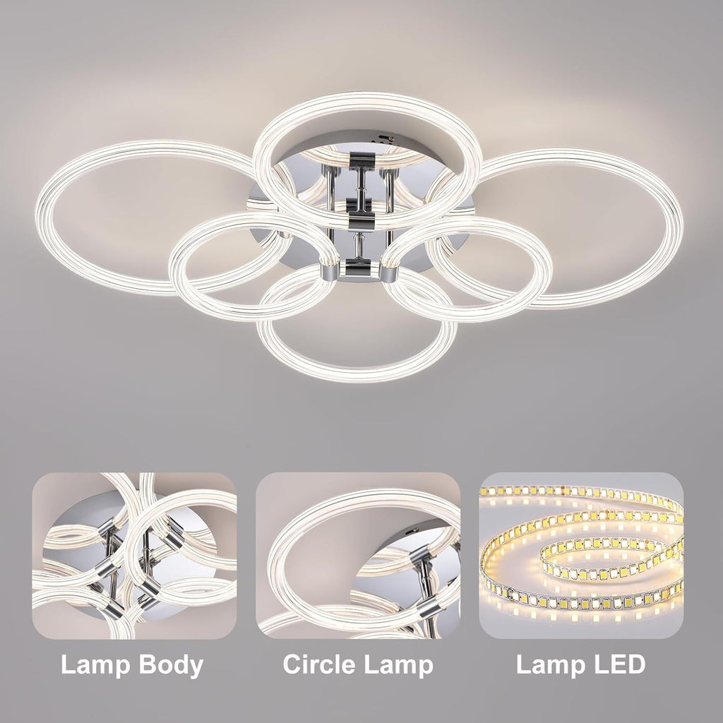 Flush Mount Ceiling Light with Dimmable Remote Control, 6Rings Acrylic Fixture for Bedroom, Living Room, Kitchen
