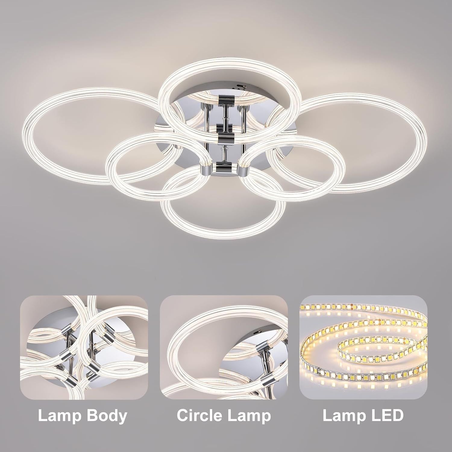 Flush Mount Ceiling Light with Dimmable Remote Control, 6Rings Acrylic Fixture for Bedroom, Living Room, Kitchen
