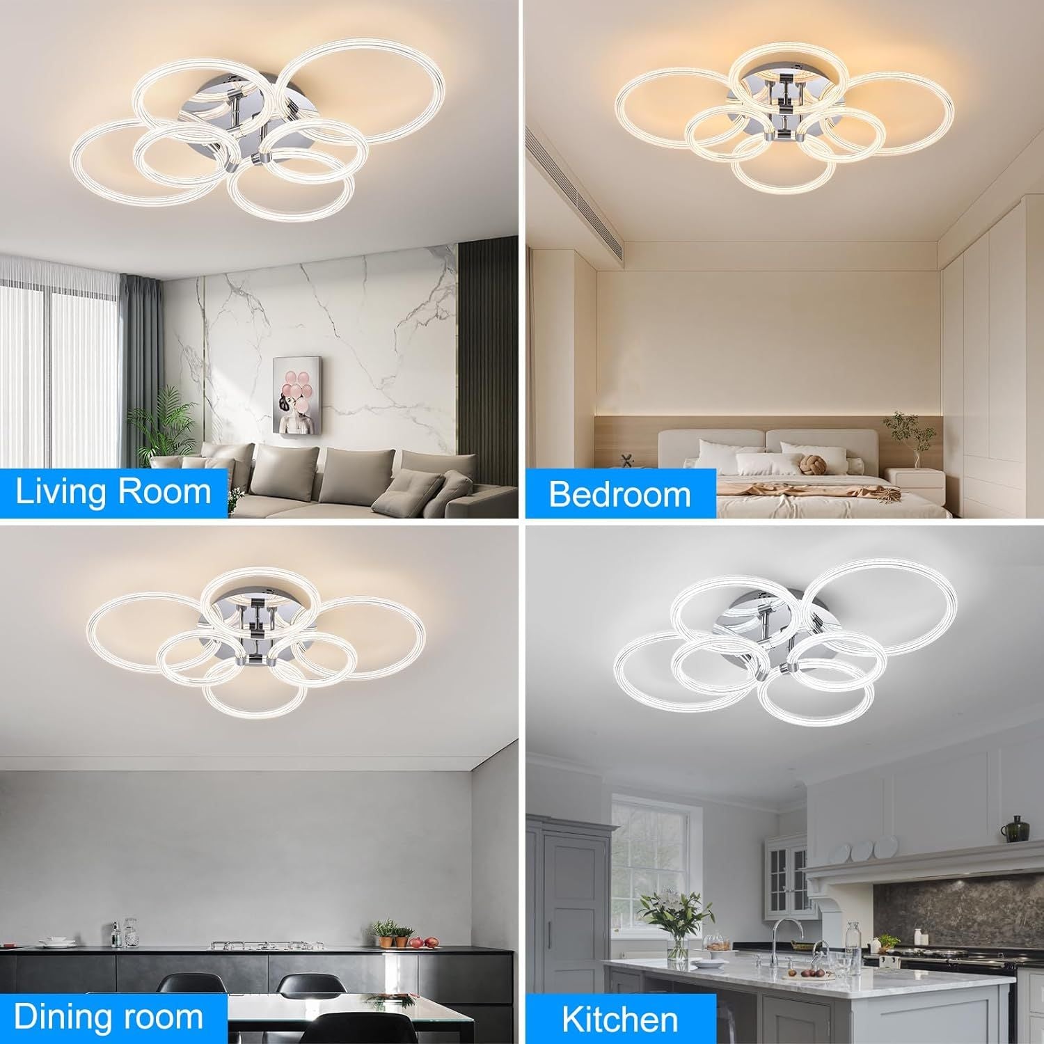 Flush Mount Ceiling Light with Dimmable Remote Control, 6Rings Acrylic Fixture for Bedroom, Living Room, Kitchen