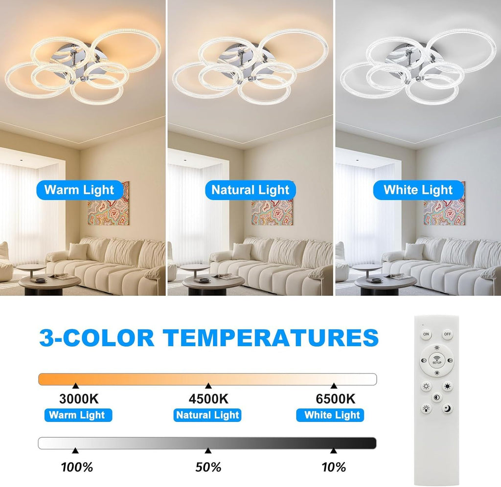 Flush Mount Ceiling Light with Dimmable Remote Control, 6Rings Acrylic Fixture for Bedroom, Living Room, Kitchen