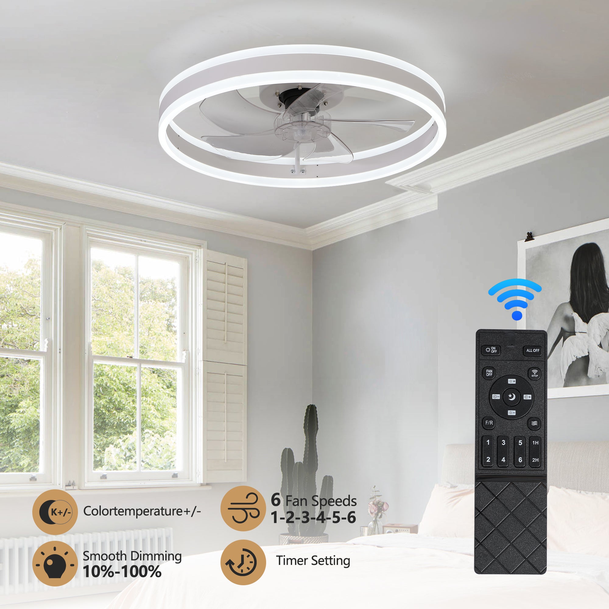 Round Ceiling Fan with Lights Dimmable LED